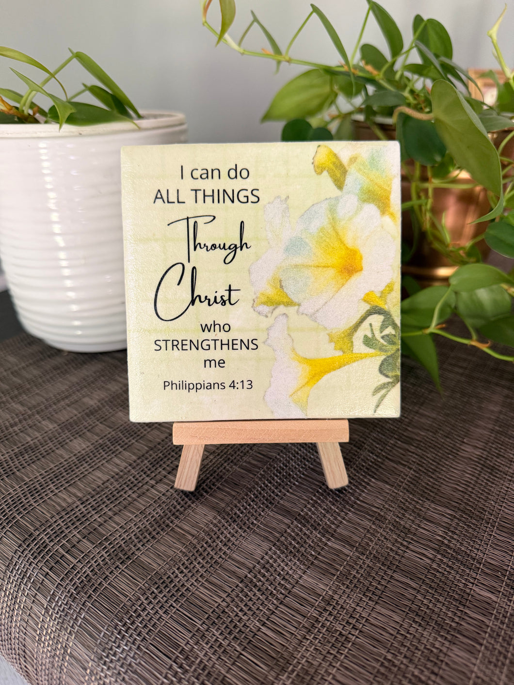 I can do all things through Christ Philippians 4:13 floral ceramic tile on natural wood easel