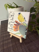 Goldfinch and sunflower God will meet all your needs Philippians 4:19 ceramic tile on wood easel