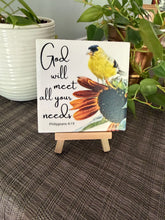 Goldfinch and sunflower God will meet all your needs Philippians 4:19 ceramic tile on wood easel