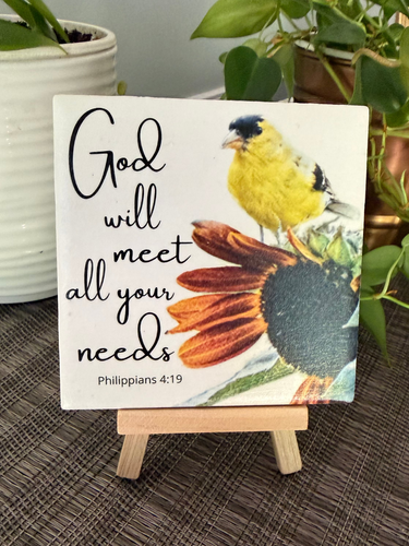 Goldfinch and sunflower God will meet all your needs Philippians 4:19 ceramic tile on wood easel