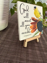 Goldfinch and sunflower God will meet all your needs Philippians 4:19 ceramic tile on wood easel