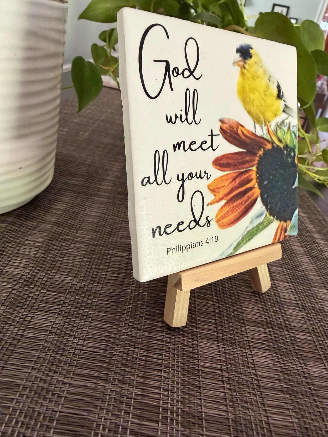 Goldfinch and sunflower God will meet all your needs Philippians 4:19 ceramic tile on wood easel