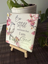 Be Still and Know Psalm 46:10 ceramic tile with tufted titmouse on wood easel
