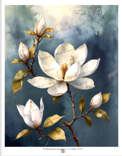 Rice Paper for Crafts and Decoupage, Cream White Magnolia with Blue background, Flower Paper for DIY Project D177
