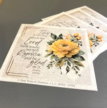 Rice Paper for Decoupage, Yellow Flowers with Bible Verse,  "This is the day which the Lord...." D159