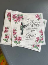 Rice Paper for Decoupage, hummingbird in flight with Pink Blossoms with Bible Verse,  "Be still and know that I am God...." D197