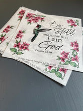 Rice Paper for Decoupage, hummingbird in flight with Pink Blossoms with Bible Verse,  "Be still and know that I am God...." D197