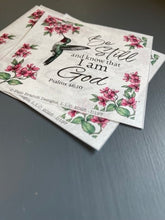 Rice Paper for Decoupage, hummingbird in flight with Pink Blossoms with Bible Verse,  "Be still and know that I am God...." D197