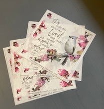 Rice Paper for Decoupage, Tufted Titmouse and Pink Flowers with Bible Verse, "Be Sill and Know that I am God" Spring bird on a branch D170