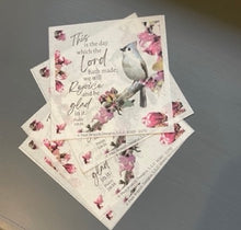 Rice Paper for Decoupage, Tufted Titmouse and Pink Flowers with Bible Verse, "Be Sill and Know that I am God" Spring bird on a branch D170