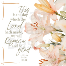 Rice Paper for Decoupage, Lilies, Spring, Easter Flowers with Bible Verse,  "This is the day which the Lord...." Pretty Easter Paper D168