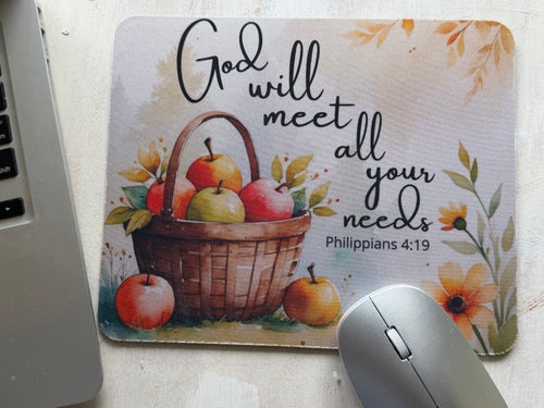 Apples in Harvest Basket Mouse Pad - God Will Meet All Your Needs – Philippians 4:19 - Gift for Christians MP3-202