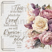 Rice Paper for Decoupage, Purple Cream Mauve Flowers with Bible Verse,  "This is the day which the Lord...." D160