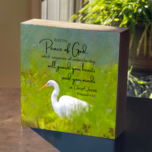 “And the Peace of God,…” Great Egret, Wood Sign with Bible Verse, HD9