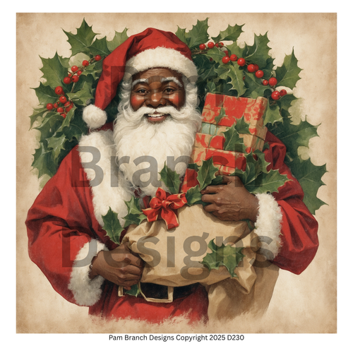 Decoupage Rice Paper - Black Santa with Holly and Gifts - Christmas Arts and Crafts Supplies Sheet D230