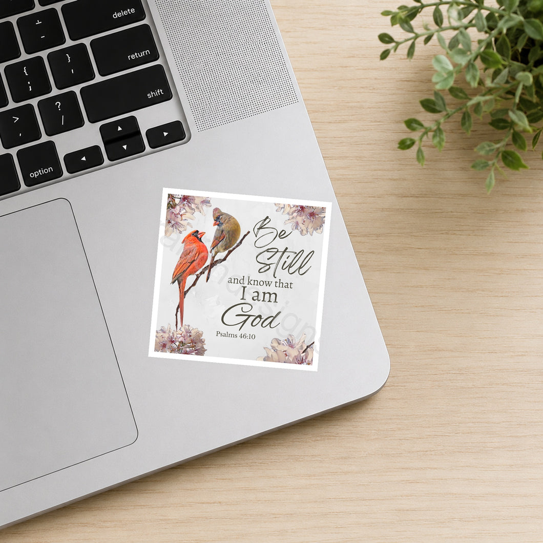 Cardinal pair Be Still waterproof sticker on laptop