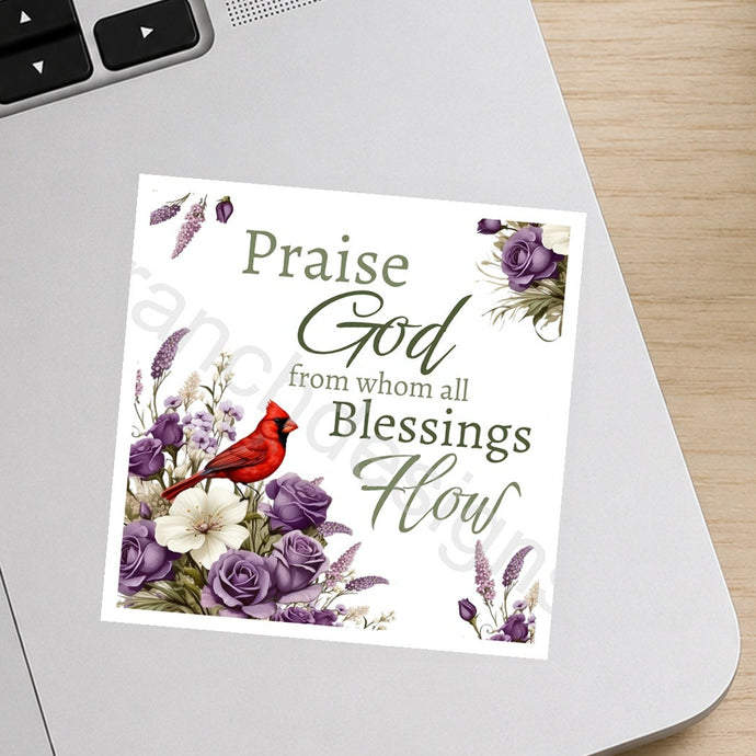 Purple floral cardinal Praise God waterproof sticker on laptop