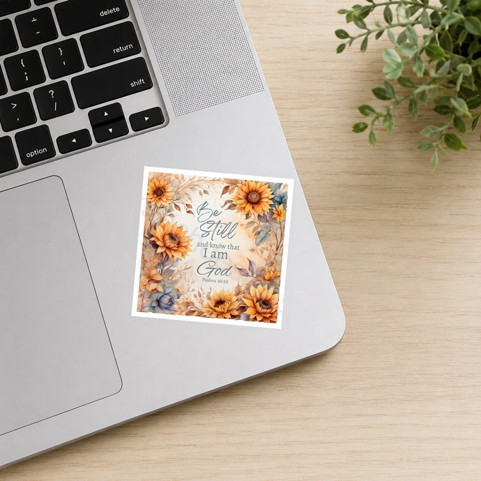Sunflowers Be Still waterproof sticker on laptop