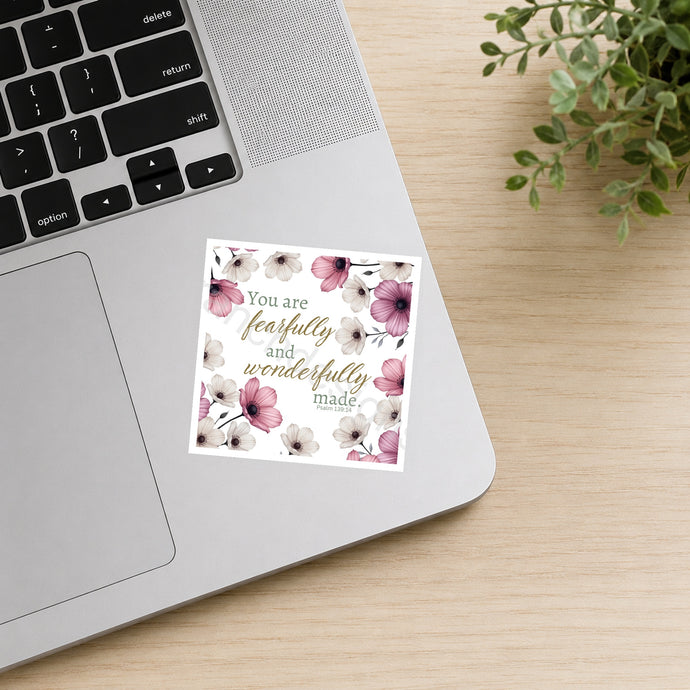 Pink flowers Fearfully and Wonderfully Made waterproof sticker on laptop