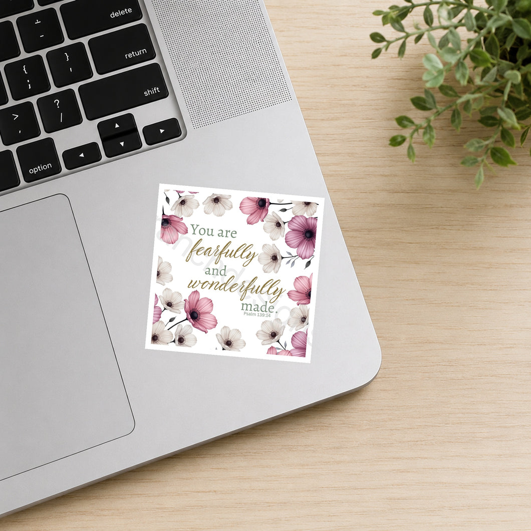 Pink flowers Fearfully and Wonderfully Made waterproof sticker on laptop