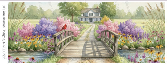 Scenic Bridge, Country home and Butterfly Garden with Cardinal, Rice paper for decoupage  D686