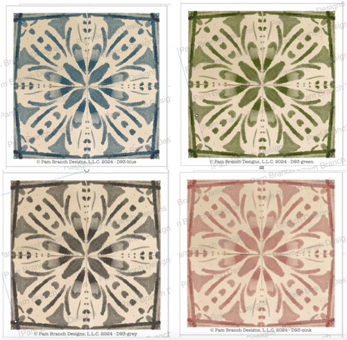 Four decoupage sheets in four different colors: grey, pink, blue, and green.  Great for coasters for home decor projects, for selling at craft fairs, etc.