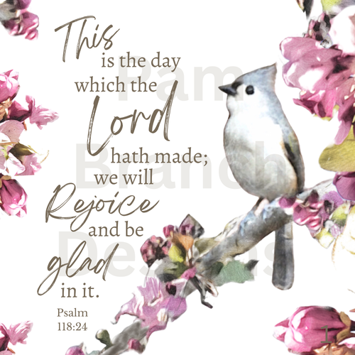 Rice Paper for Decoupage, Tufted Titmouse and Pink Flowers with Bible Verse, 