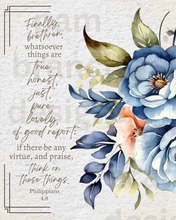 Rice Paper for Crafts and Decoupage, Bible Verse, "Think on these things" Blue Flower D174