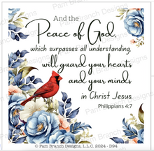 Rice paper with a male cardinal in blue flowers with the bible verse "And the peace of God, which surpasses all understanding, will guard your hearts and your minds in Christ Jesus”. Philippians 4:7.