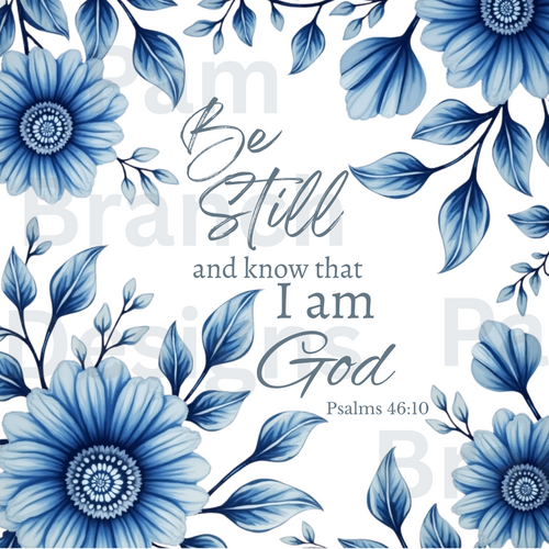 Rice Paper, “Be Still and know that I am God”, Blue Flowers and Bible Verse, Decoupage Sheet, Christian Craft Paper D181