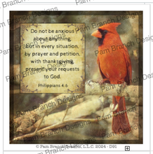 Antiqued image of a male cardinal perched on a branch.&nbsp; Bible verse "Do not be anxious about anything, but in every situation, by prayer and petition, with thanksgiving, present your requests to God." Philippians 4:6. 