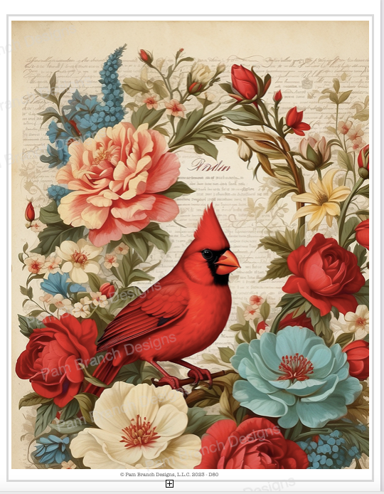 Cardinal with Flowers, Digital Download for Decoupage, Printable D80