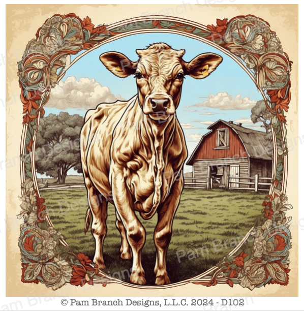 Rice Paper of a Cow in Front of a Barn in Vintage Frame - Decoupage Sheet, D102