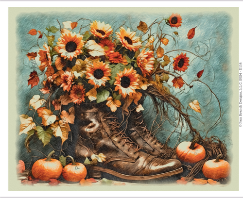 Decoupage paper with vintage boot and fall flowers