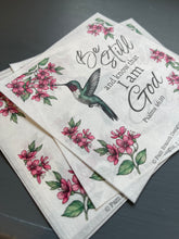 Rice Paper for Decoupage, hummingbird in flight with Pink Blossoms with Bible Verse,  "Be still and know that I am God...." D197