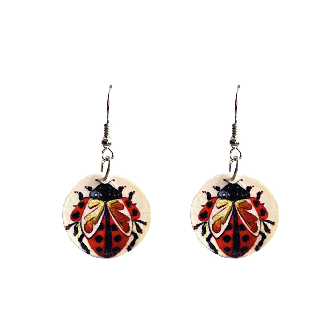 Handmade Earrings, Ladybug, Nature-Inspired, Decoupage Artisan Earrings E787
