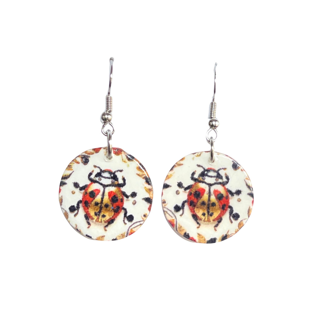 Handmade Earrings, Ladybug and Floral Frame, Nature-Inspired, Decoupage Artisan Earrings E786