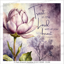Rice Paper for Decoupage, lavender magnolia, purple flowers, bible verse "Trust in the Lord with all your heart" Proverbs 3:5 D158