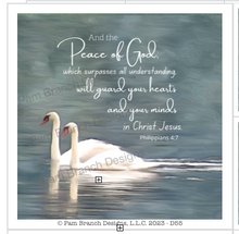 Bible verse on a rice paper featuring two swans on a lake.&nbsp; Includes the Bible verse "And the peace of God, which surpasses all understanding, will guard your hearts and your minds in Christ Jesus”. Philippians 4:7.&nbsp; &nbsp;Photo taken by Pam Branch.&nbsp;