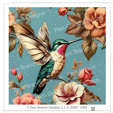 Rice paper with an image of a teal hummingbird surrounded by pink flowers and green leaves. 