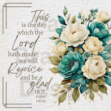 Rice Paper for Decoupage, Aqua Flowers with Bible Verse,  "This is the day which the Lord...." D161