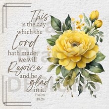Rice Paper for Decoupage, Yellow Flowers with Bible Verse,  "This is the day which the Lord...." D159