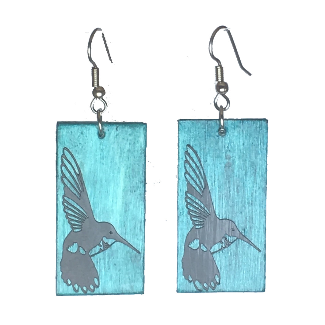 Black Hummingbird on Aqua, Rectangle Wood Earrings #E618