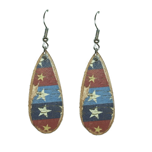 Rustic American Flag on Teardrop, Wood Earrings #E626