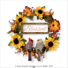 Decoupage rice paper with "Blessed” and a fall wreath with two cardinals.&nbsp;