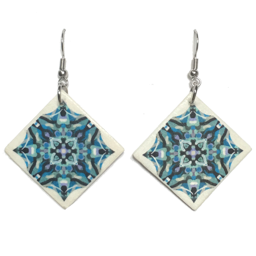 Blue and Black, Wood Tile Earring #E751