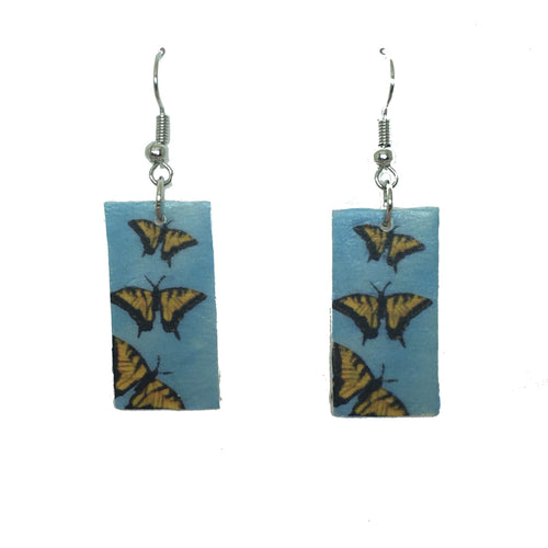 Yellow and Black Butterfly, Blue Background Earring on Wood - E650
