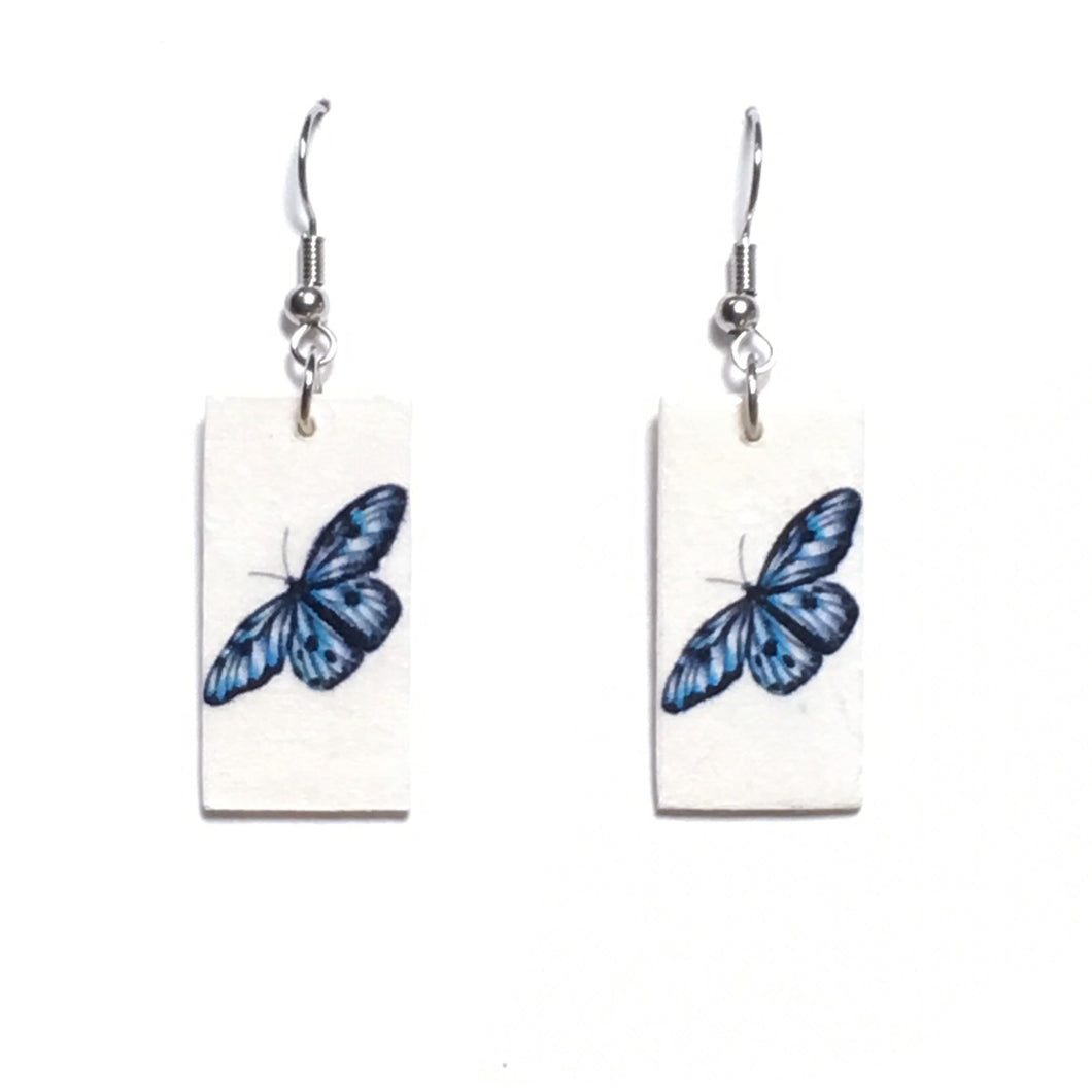 Small Blue Butterfly Earrings - Image on Wood - Decoupage Earrings E671