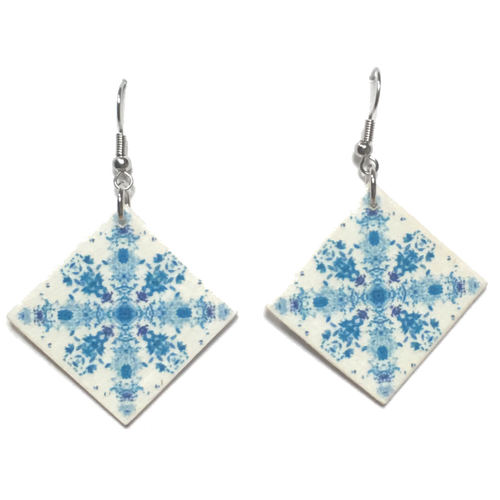 Blue Cross, Wood Tile Earring #E755