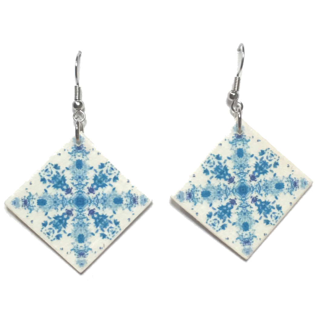 Blue Cross, Wood Tile Earring #E755